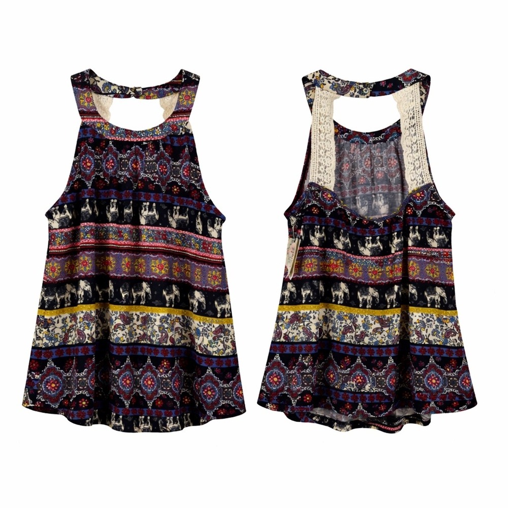Belle du Jour Womens Elephant Paisley Crochet Back Halter Top Multi Medium
